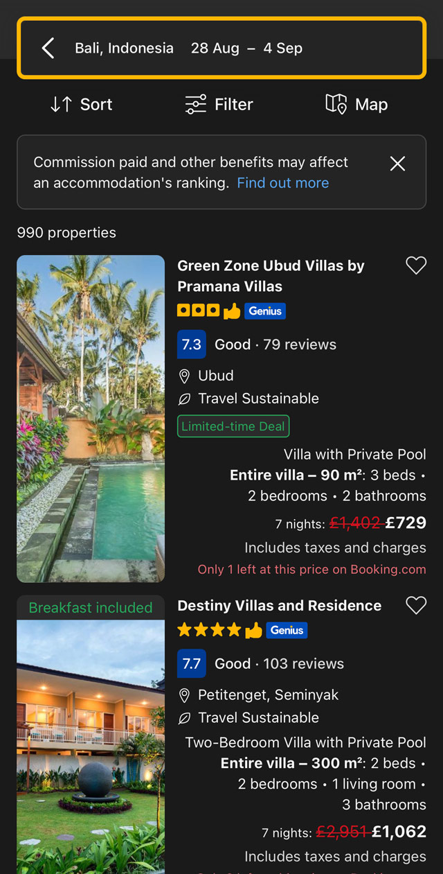 Booking.com search results