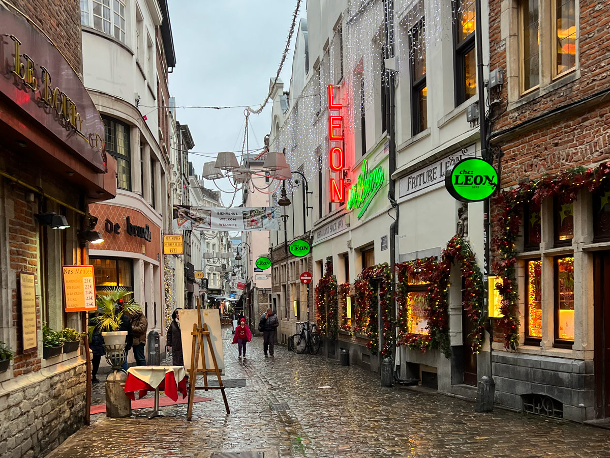 A rainy cobbled street in Brussels, Belgium
