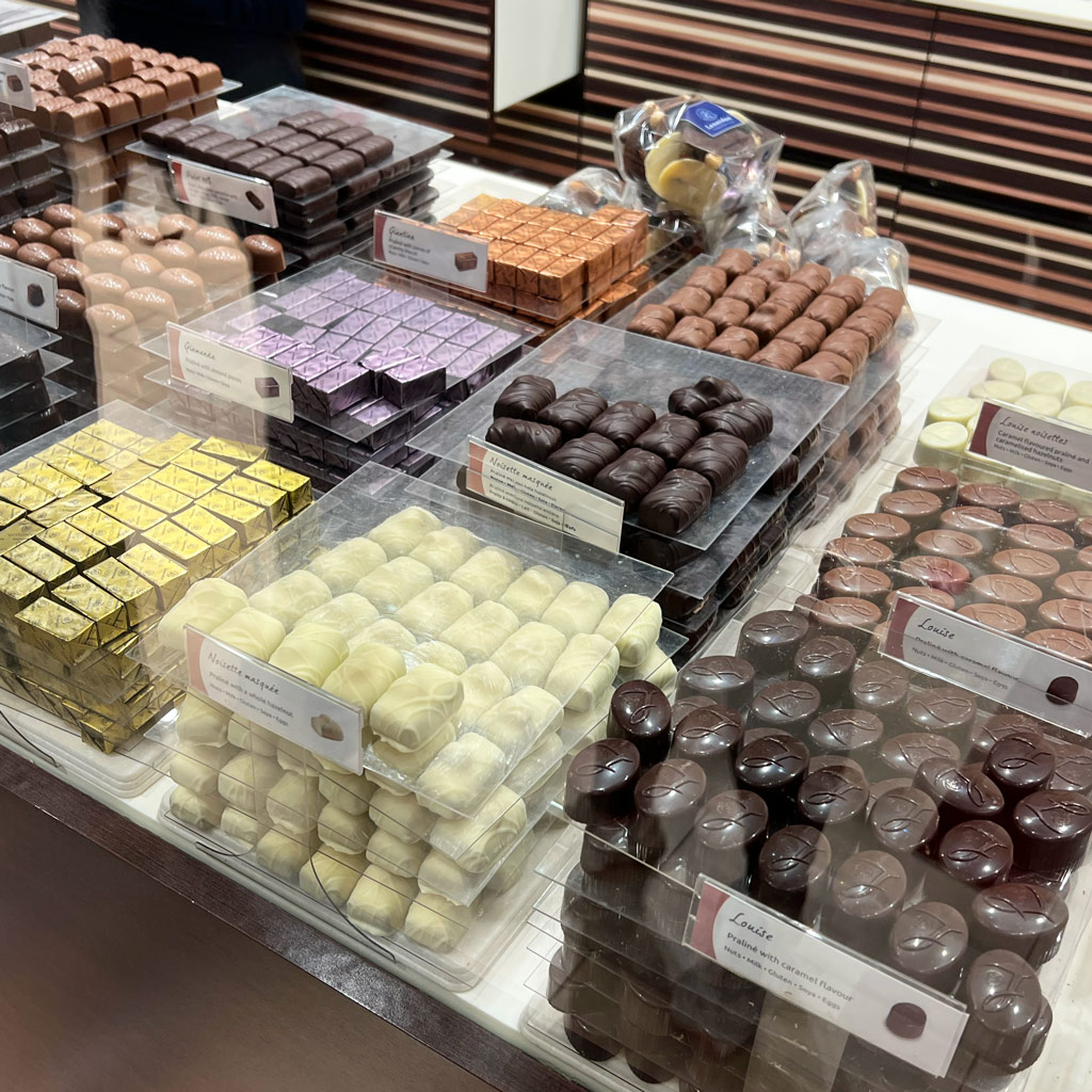 Display case at Leonidas chocolates, Brussels