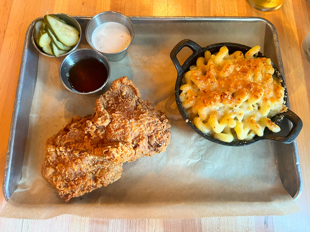Fried chicken and mac and cheese from Cotton and Rye, Savannah