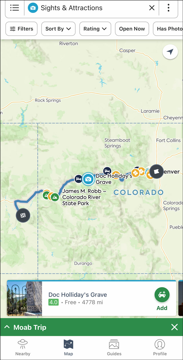 Screenshot from Roadtrippers app
