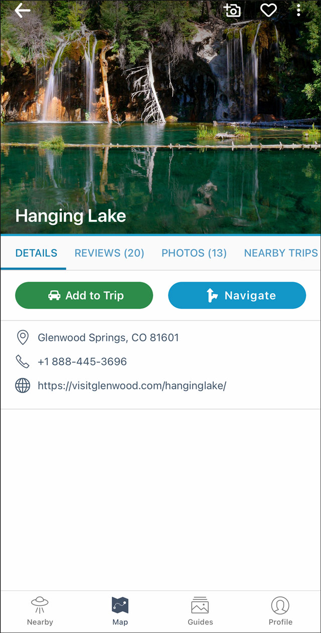 Screenshot from Roadtrippers app