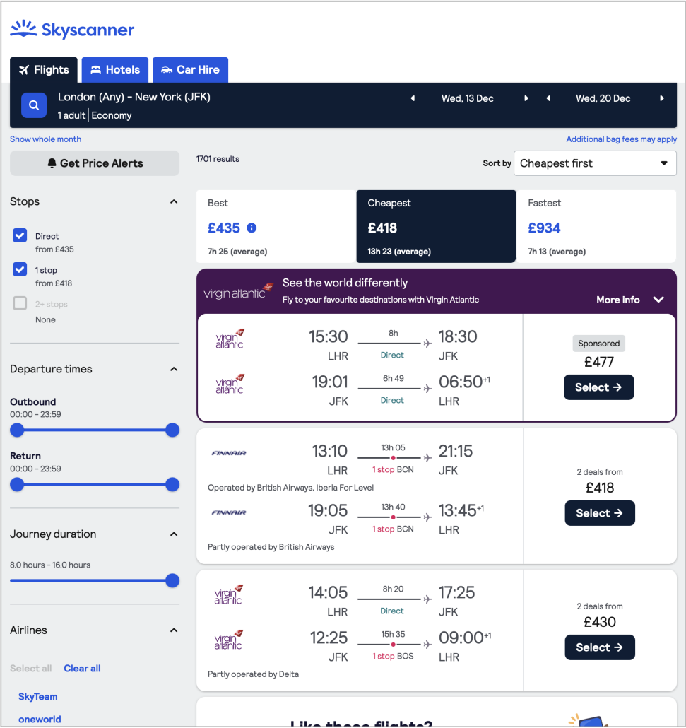 Flight comparison on Skyscanner